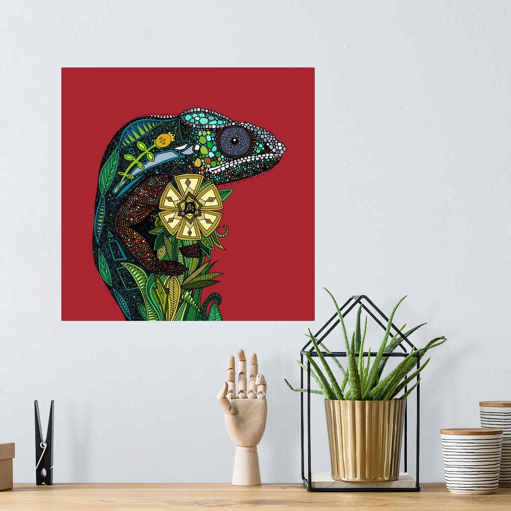 A bohemian room featuring Illustrated chameleon on red