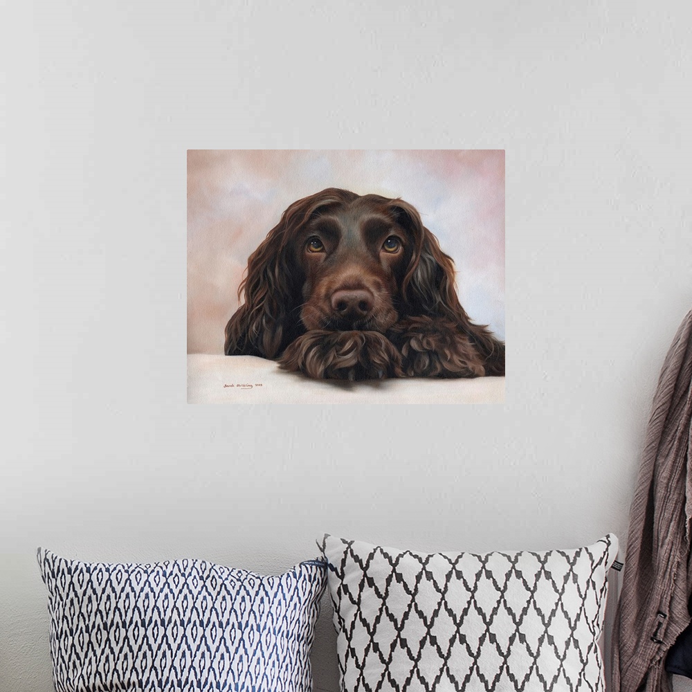 A bohemian room featuring Oil painting of a Cocker spaniel.