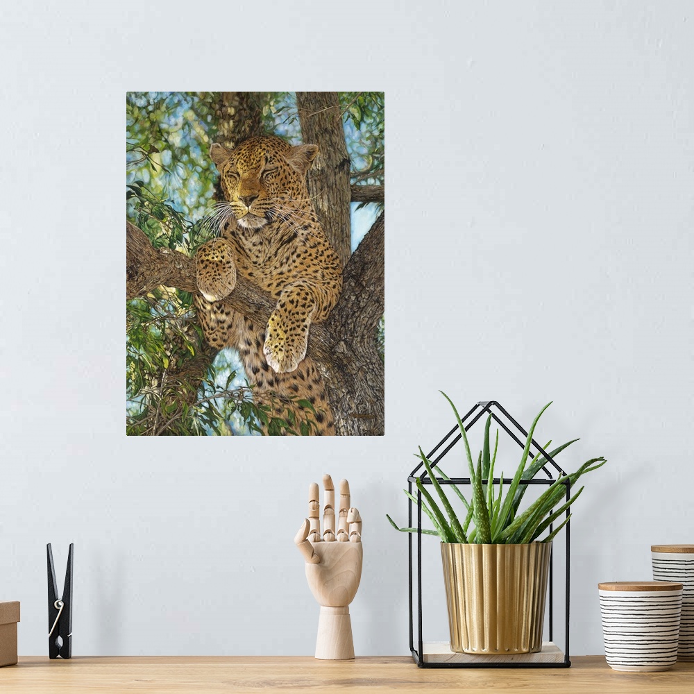 A bohemian room featuring Contemporary painting of a leopard laying in a tree.