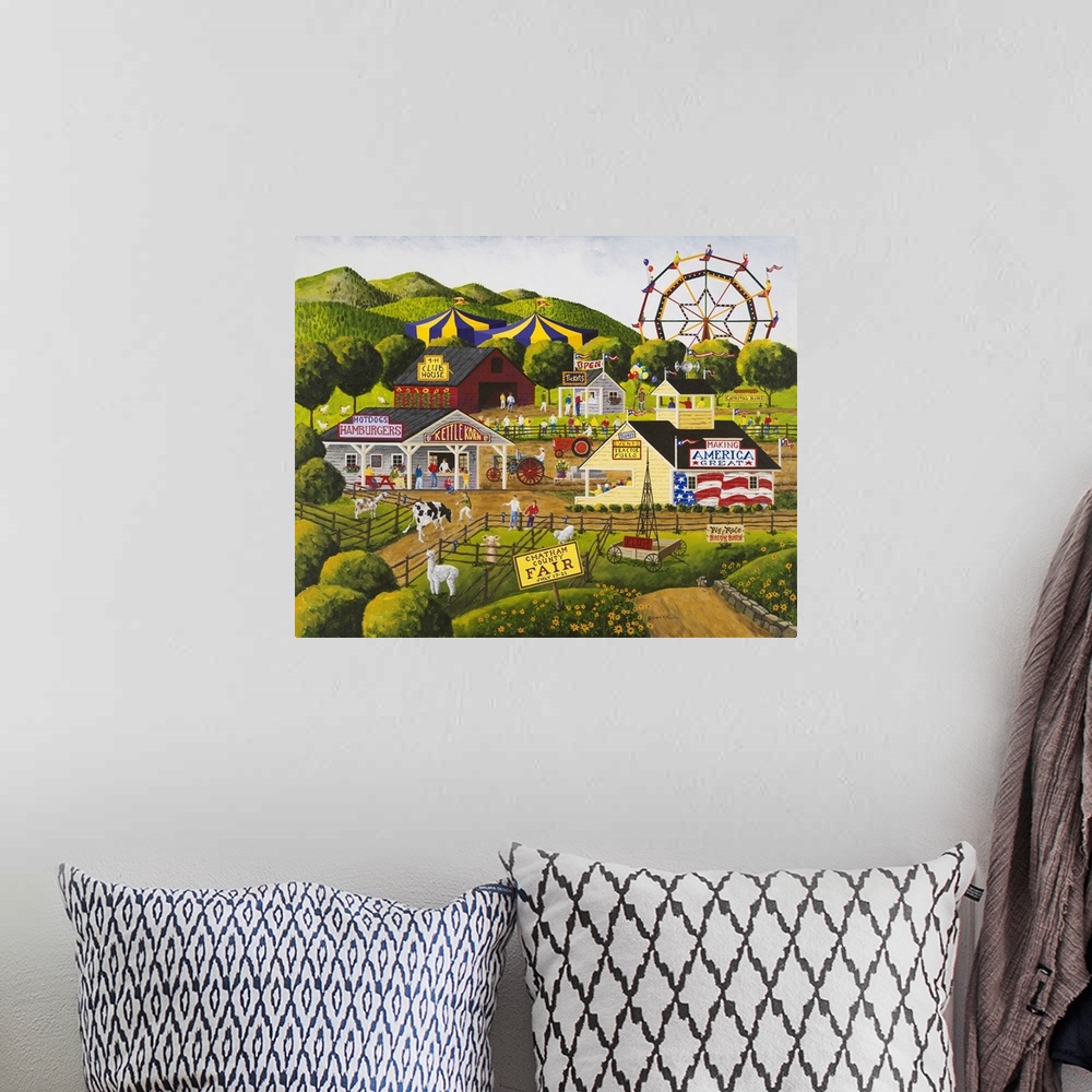A bohemian room featuring Americana scene of a county fair with a Ferris Wheel and livestock shows.