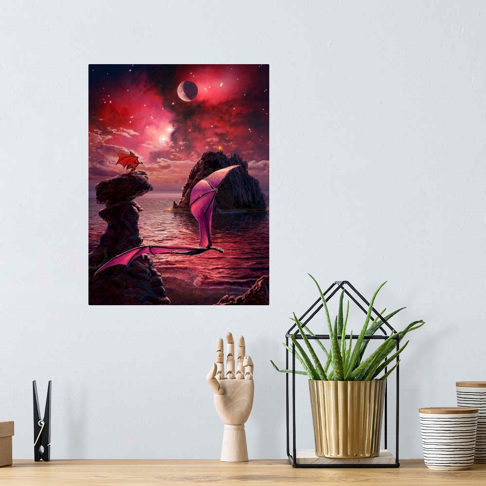 A bohemian room featuring Dragons with their riders soar over the rocky shoreline on a world bathed in the red light of a n...