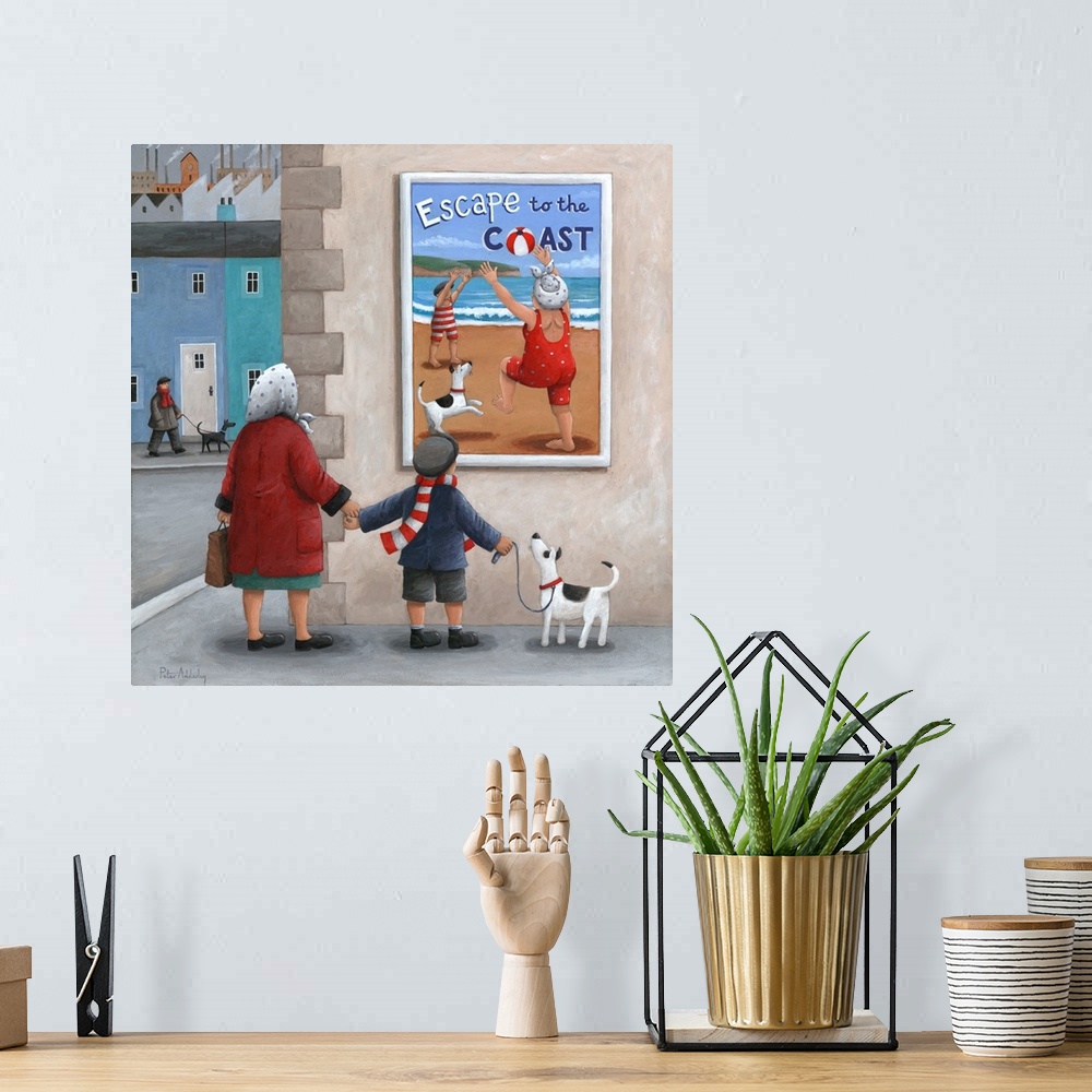 A bohemian room featuring Contemporary painting of a mother and her son walking along a city sidewalk and they both stop to...