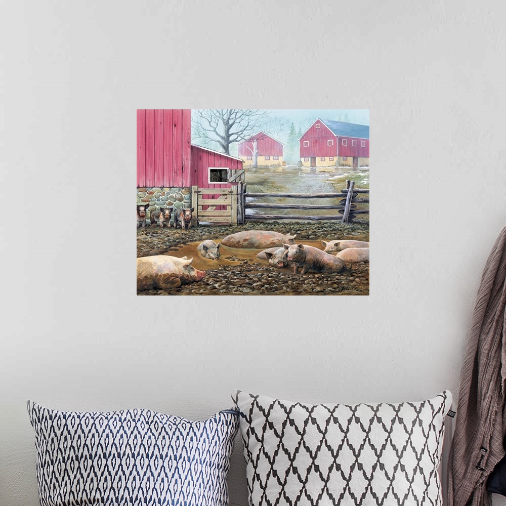 A bohemian room featuring Contemporary painting of a group of pigs laying in mud with red barns in the background.