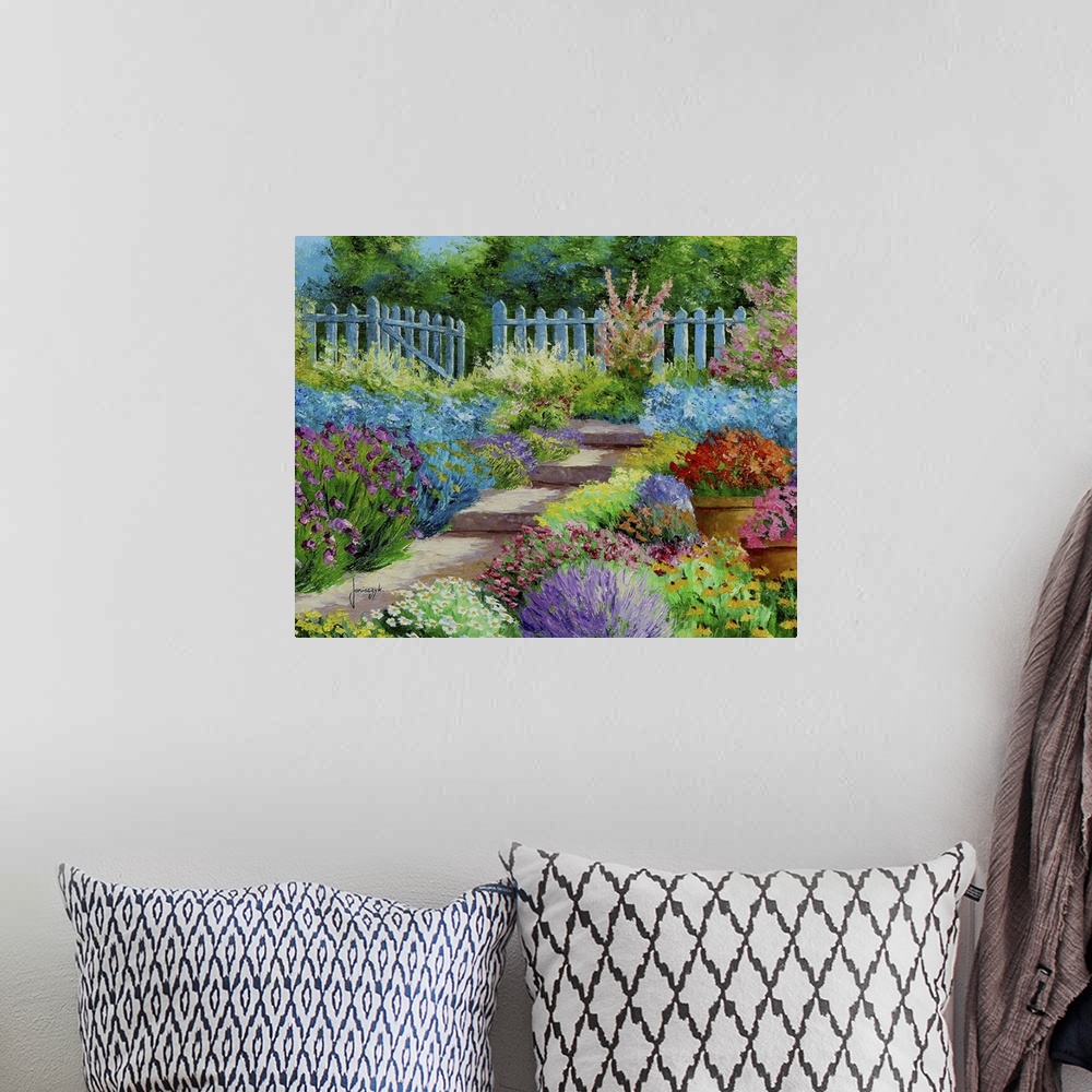 A bohemian room featuring Painting of a colorful garden, with a blue picket fence surrounding it.