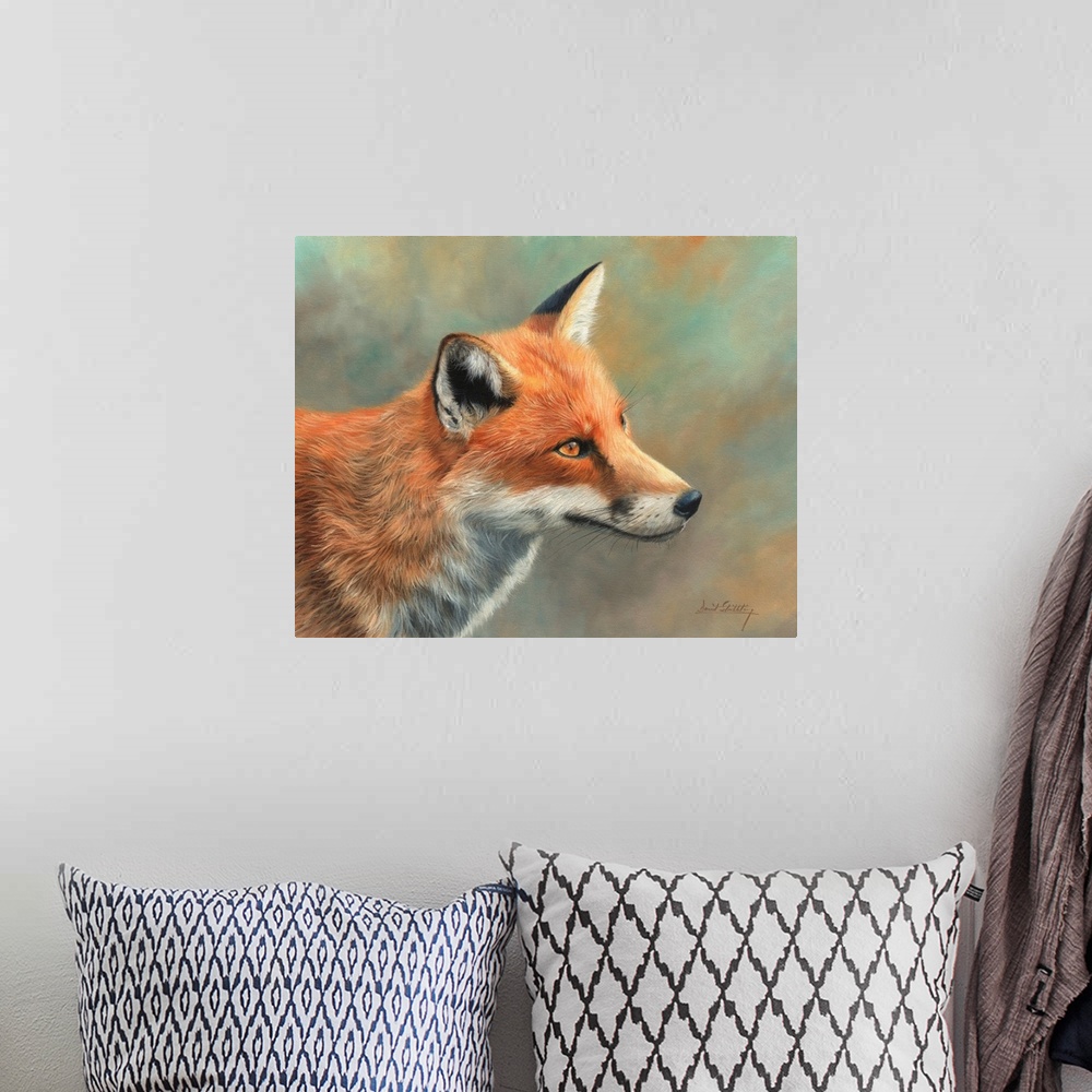 A bohemian room featuring Contemporary painting of a red fox looking at something curiously.