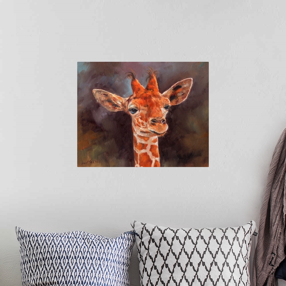 A bohemian room featuring Contemporary painting of a giraffe looking at something.