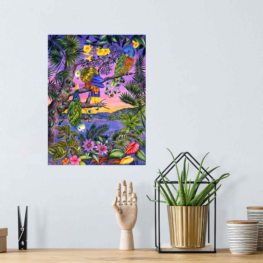 A bohemian room featuring Tropical themed artwork using bright vivid colors to depict the flowers and animals of the enviro...