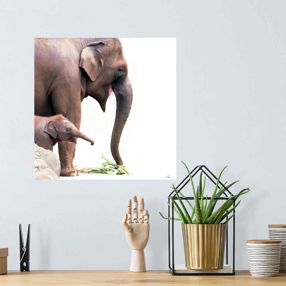 A bohemian room featuring Contemporary animal art of a baby elephant standing beside its mother.