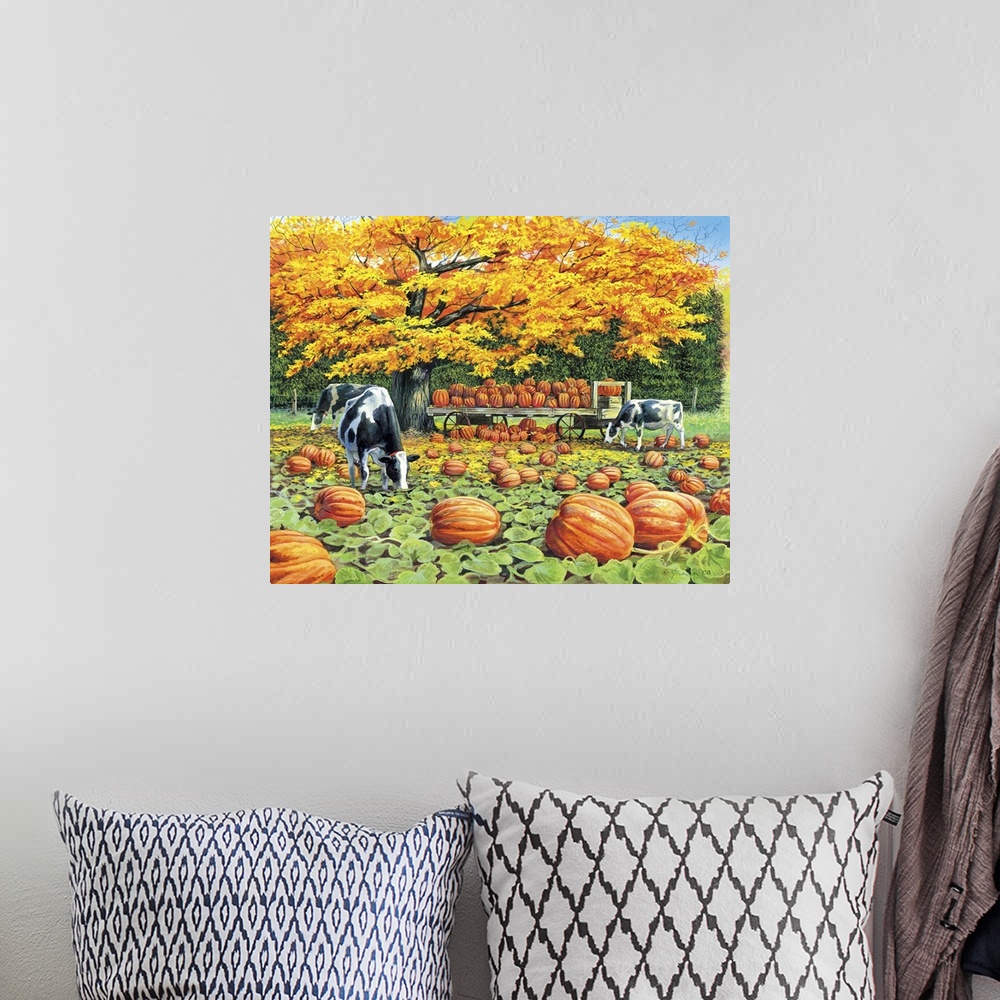 A bohemian room featuring Contemporary painting of cows grazing in a pumpkin patch in autumn.