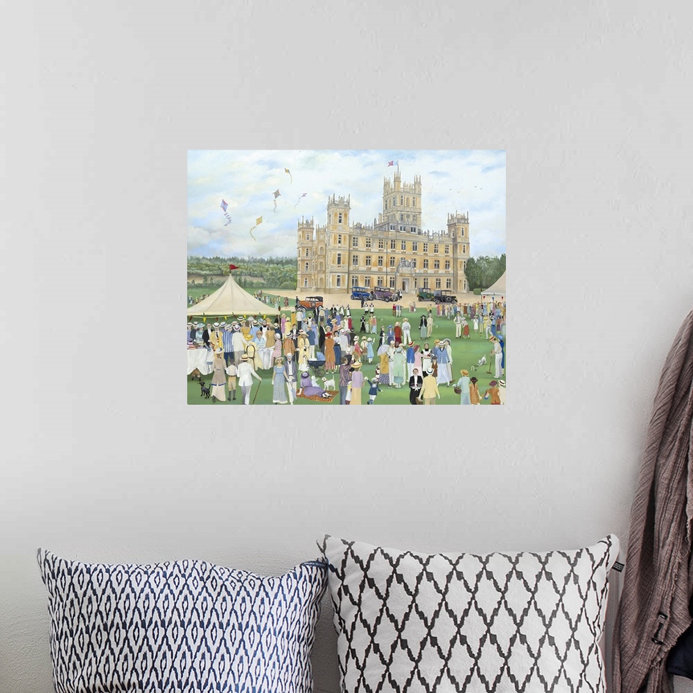 A bohemian room featuring Contemporary painting of people gathered for good times outside Highclere Castle.