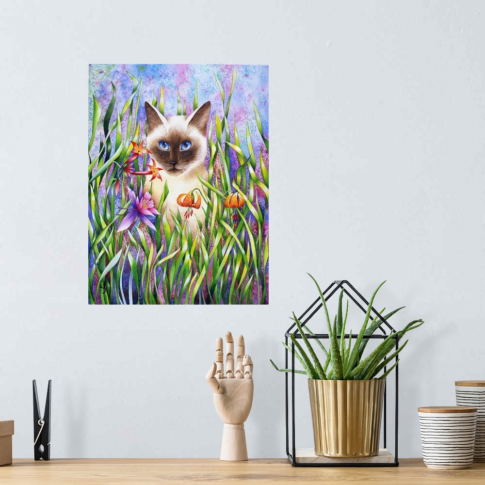 A bohemian room featuring Artwork of a cat doing some exploring through tall colorful grass and flowers.