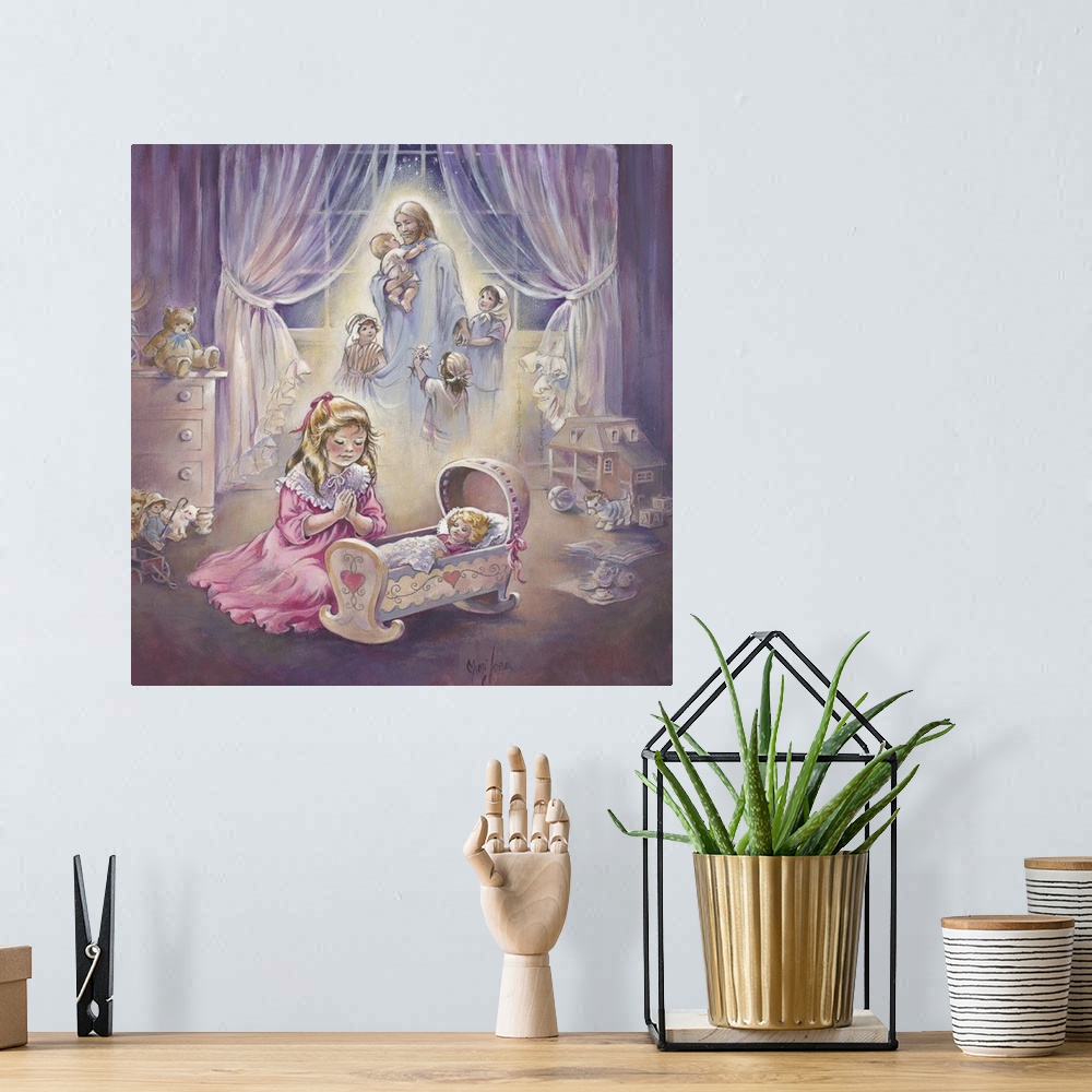 A bohemian room featuring Contemporary whimsical artwork of a little girl playing with her toys.