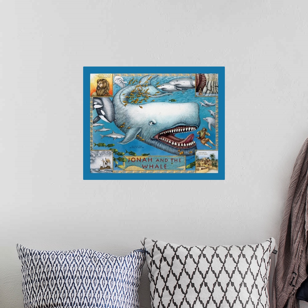 A bohemian room featuring Educational illustration of the biblical story of Jonah and the Whale.
