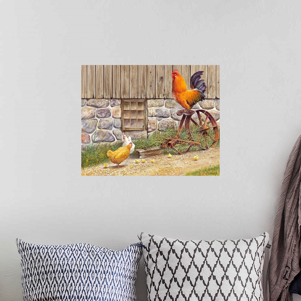 A bohemian room featuring Contemporary painting of a rooster sitting atop an old piece of farm equipment, with two hens bel...