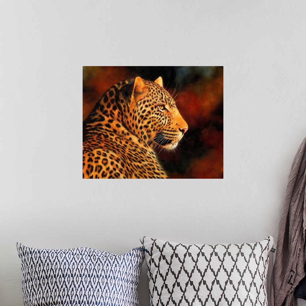 A bohemian room featuring Contemporary painting of a leopard illuminated in a warm light.