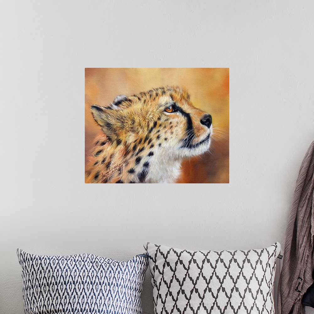 A bohemian room featuring Contemporary painting of a cheetah looking proud and majestic.