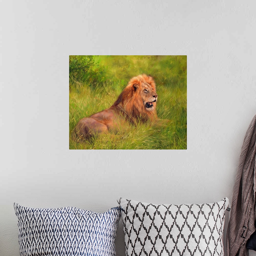 A bohemian room featuring Contemporary painting of an adult male lion laying on soft lush grass.