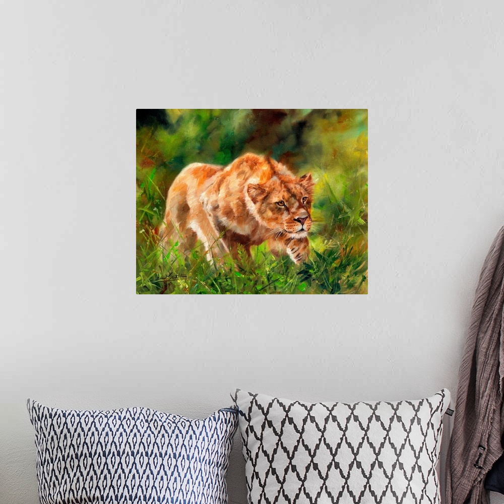 A bohemian room featuring Lioness stalking in verdant undergrowth.