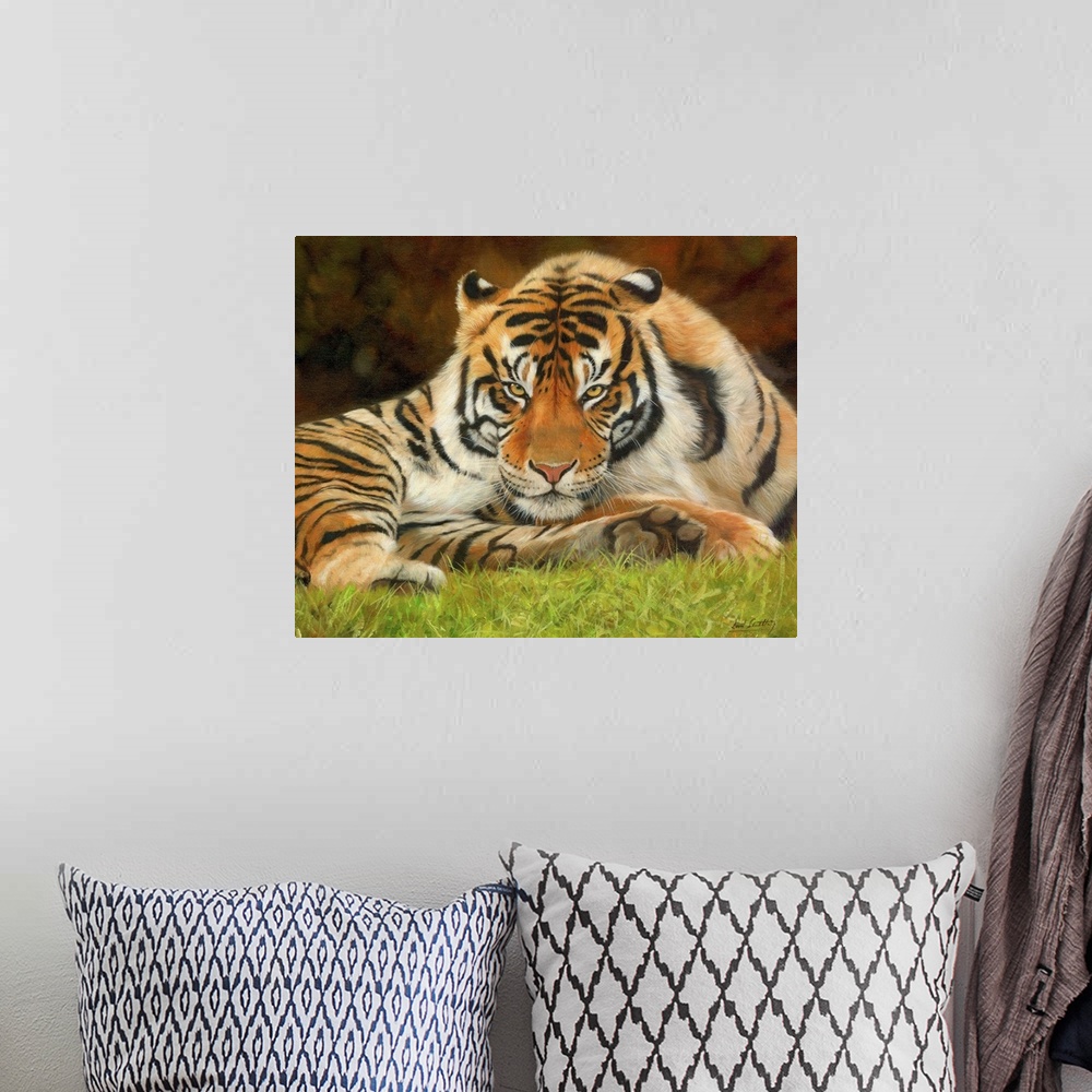 A bohemian room featuring Painting of a tiger laying on the grass looking proud and majestic.