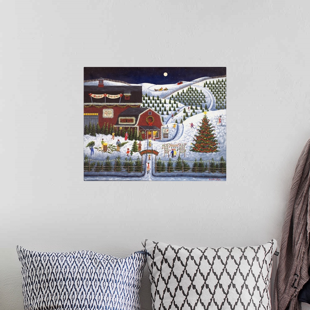 A bohemian room featuring Americana scene of a Christmas Tree farm on a busy winter night.