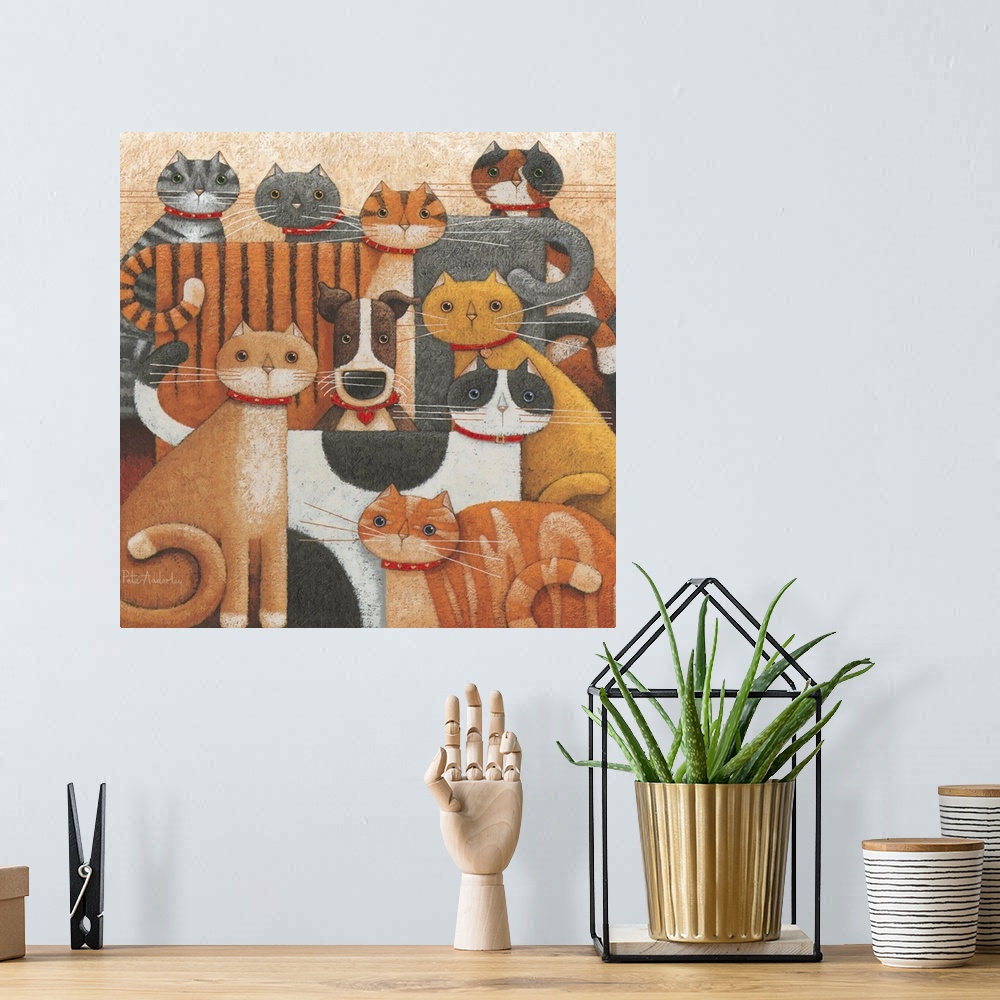 A bohemian room featuring Contemporary painting of a group of cats with a dog sitting in the middle of them.