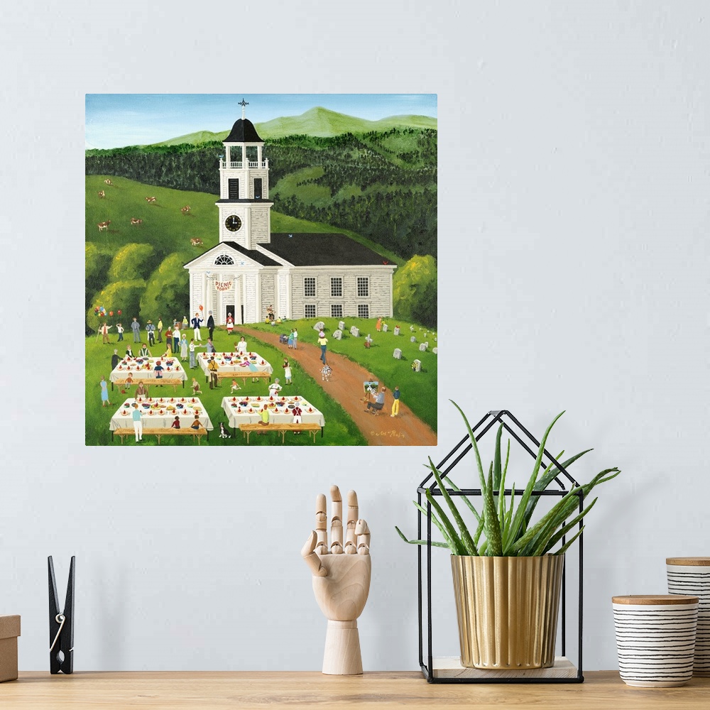 A bohemian room featuring Americana scene of people enjoying a picnic outside of a church in the countryside.