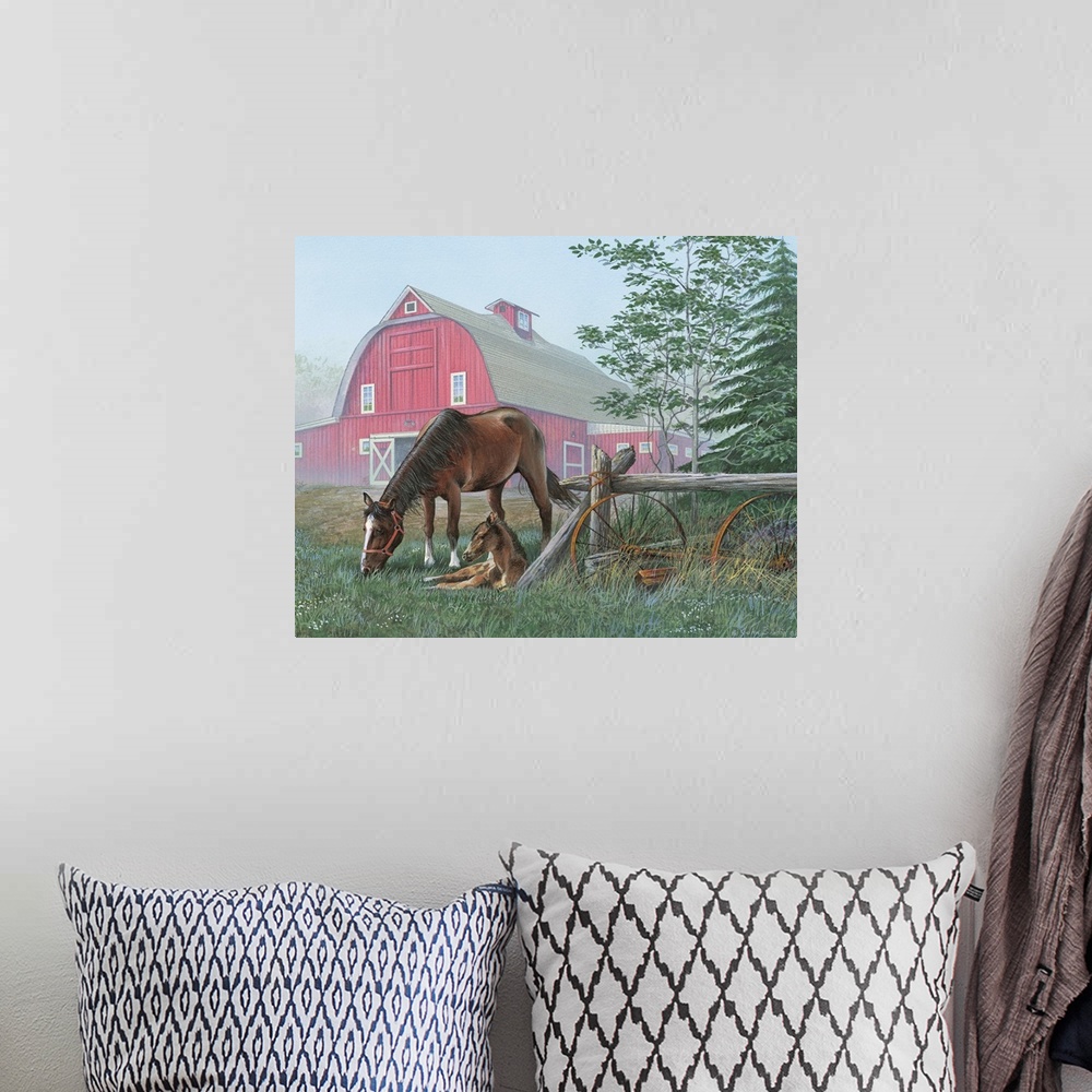 A bohemian room featuring Painting of a mother horse and her foal in the fog of the early morning.