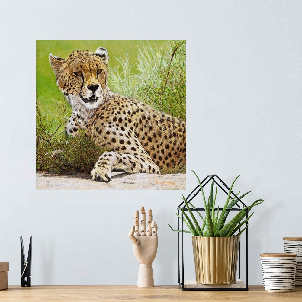 A bohemian room featuring Contemporary art of a cheetah laying in lush grass.