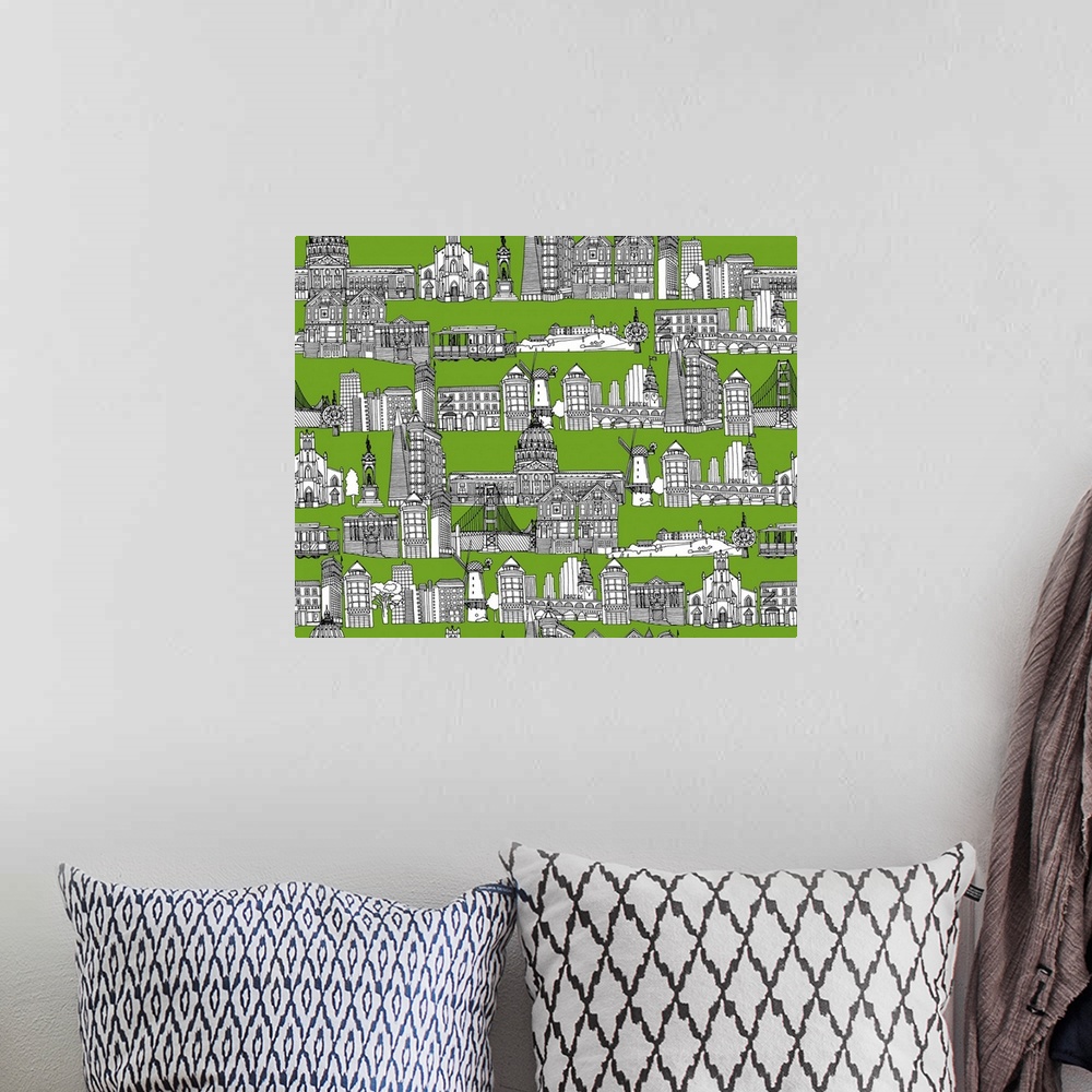 A bohemian room featuring repeating pattern ~ Ink illustrated hotchpotch of San Francisco city landmarks, monuments and bui...