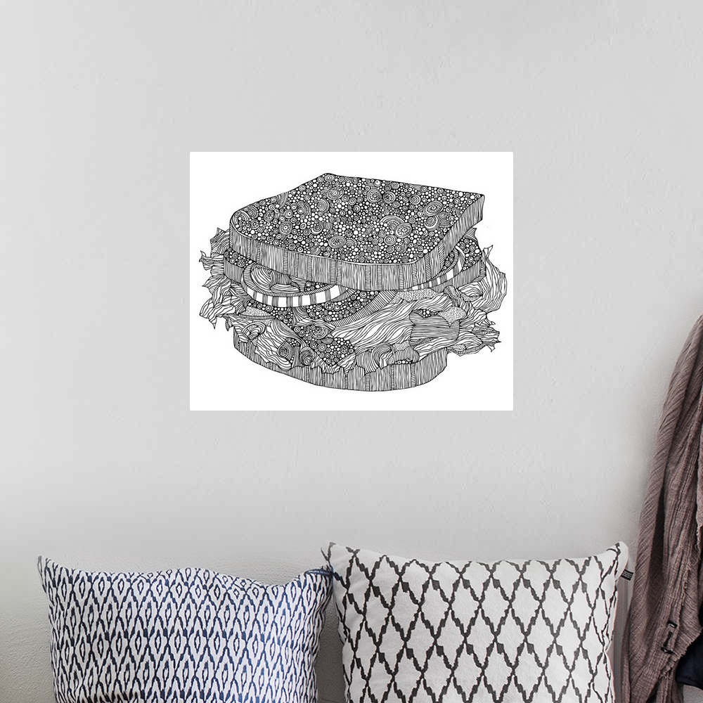 A bohemian room featuring Contemporary line art of of an ornately patterned sandwich against a white background.