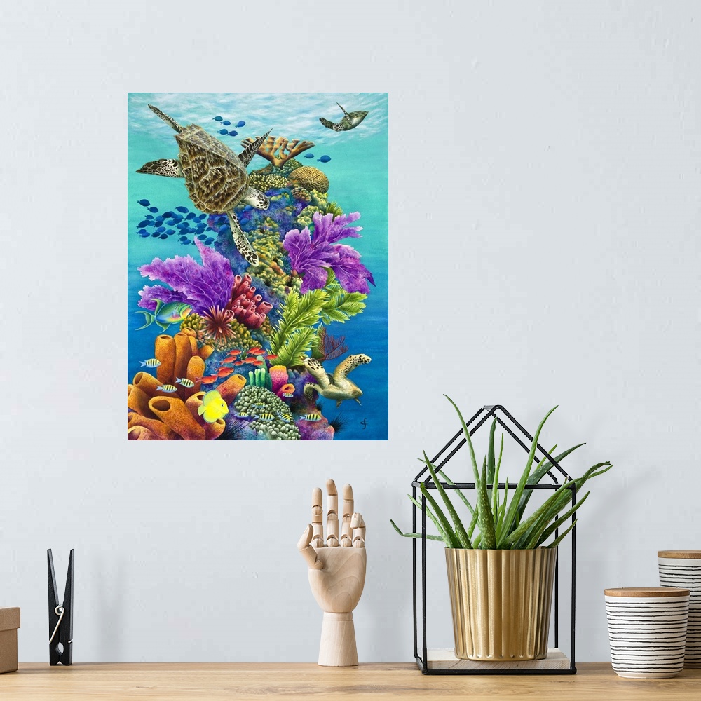 A bohemian room featuring Colorful tropical themed artwork using bright and vibrant colors.