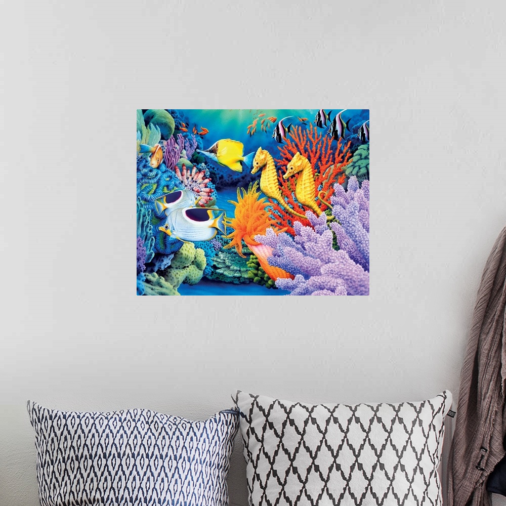 A bohemian room featuring Bright and colorful painting of underwater sea life including a school of fish and coral reef.
