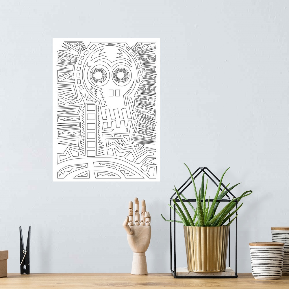 A bohemian room featuring Black and white line art of a human skeleton.