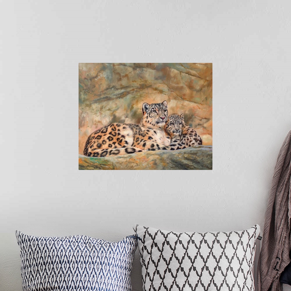 A bohemian room featuring Snow Leopard mother and cub. Oil on canvas.