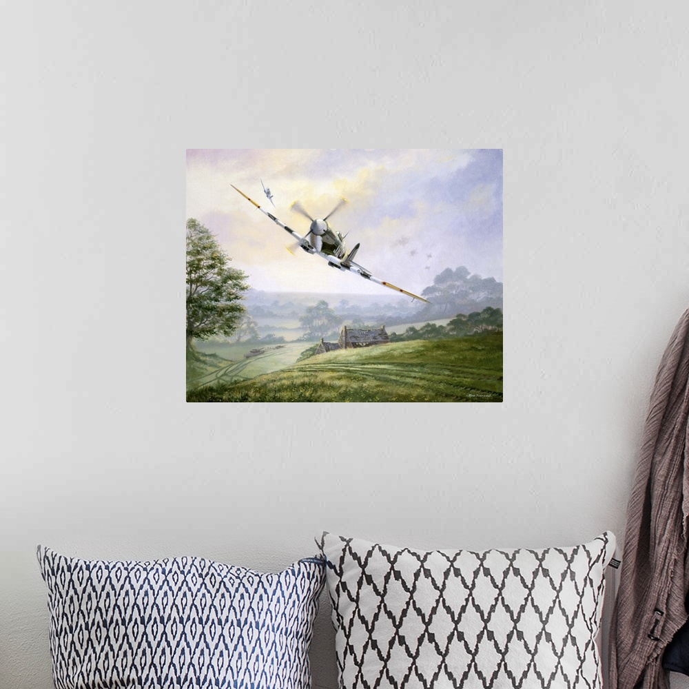 A bohemian room featuring Painting of a vintage military fighter plane flying low over a rural landscape.