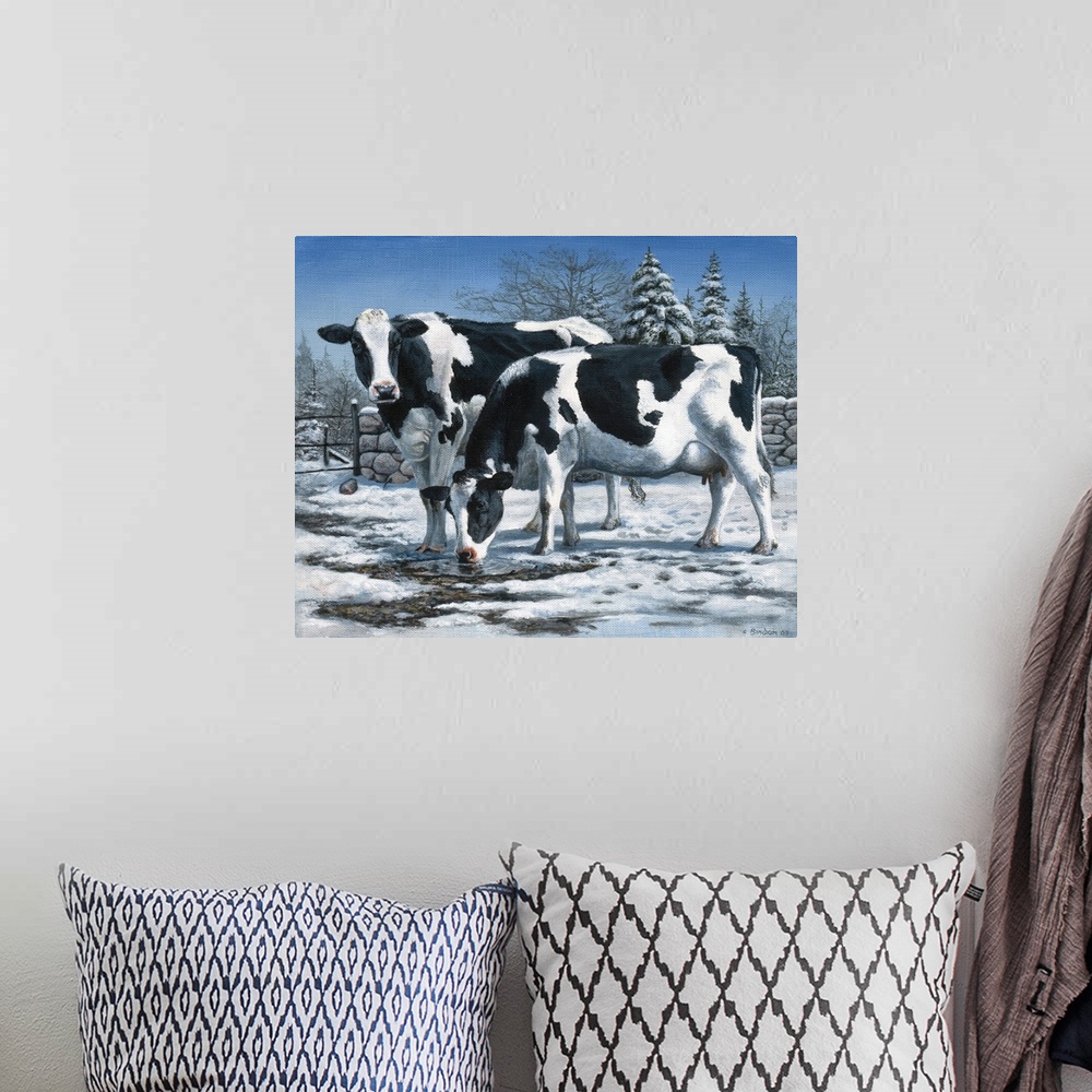 A bohemian room featuring Contemporary painting of cows standing in a paddock in the winter.