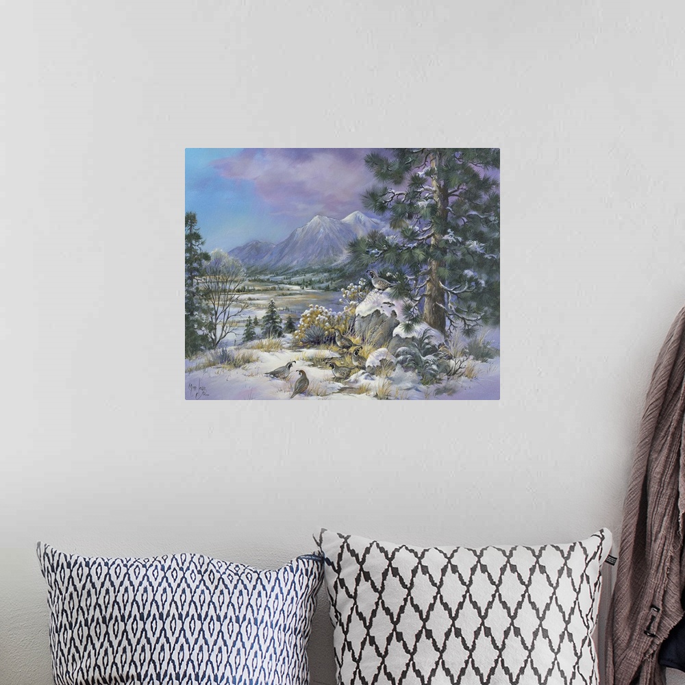 A bohemian room featuring Contemporary painting of quails in the snow in wilderness.