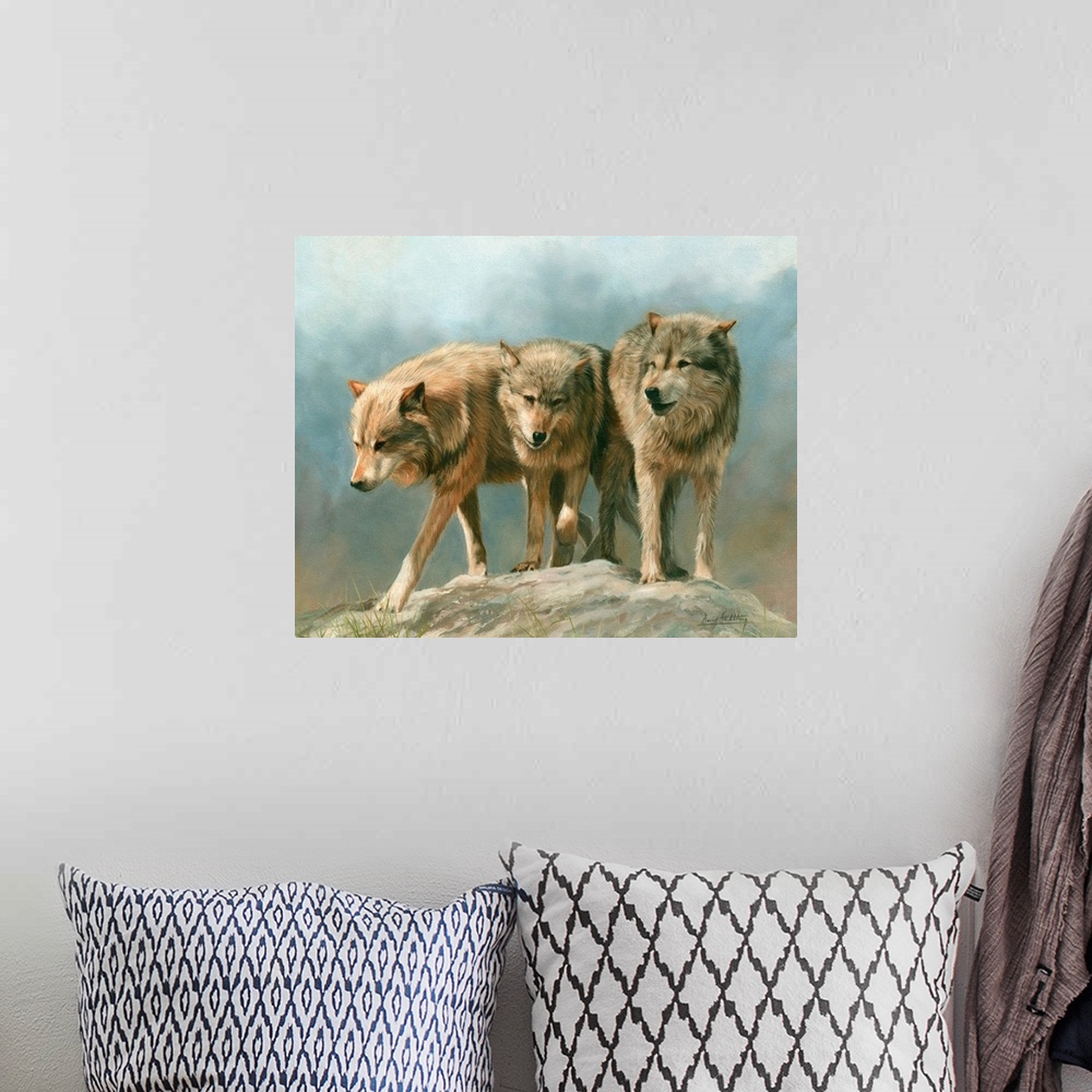 A bohemian room featuring Three Grey Wolves. Oil on canvas.