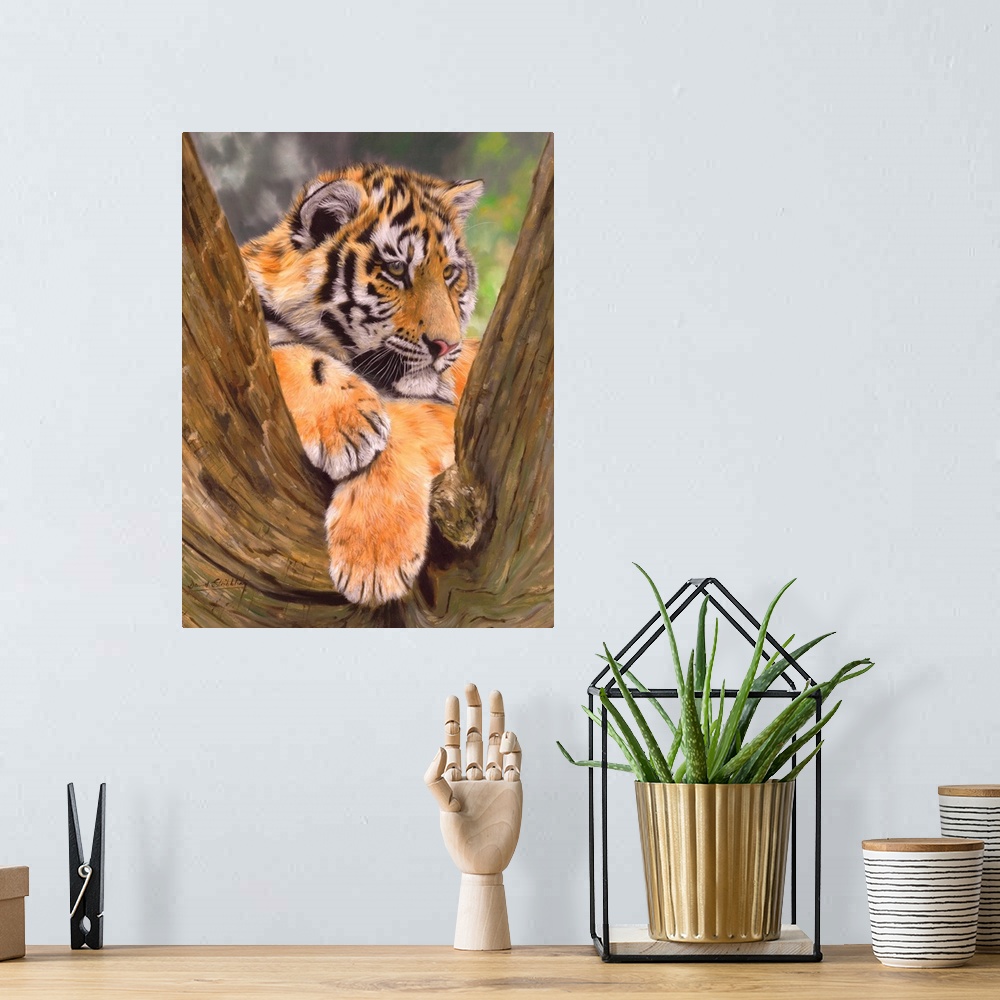 A bohemian room featuring Amur Tiger cub resting in crook of tree. Oil on canvas