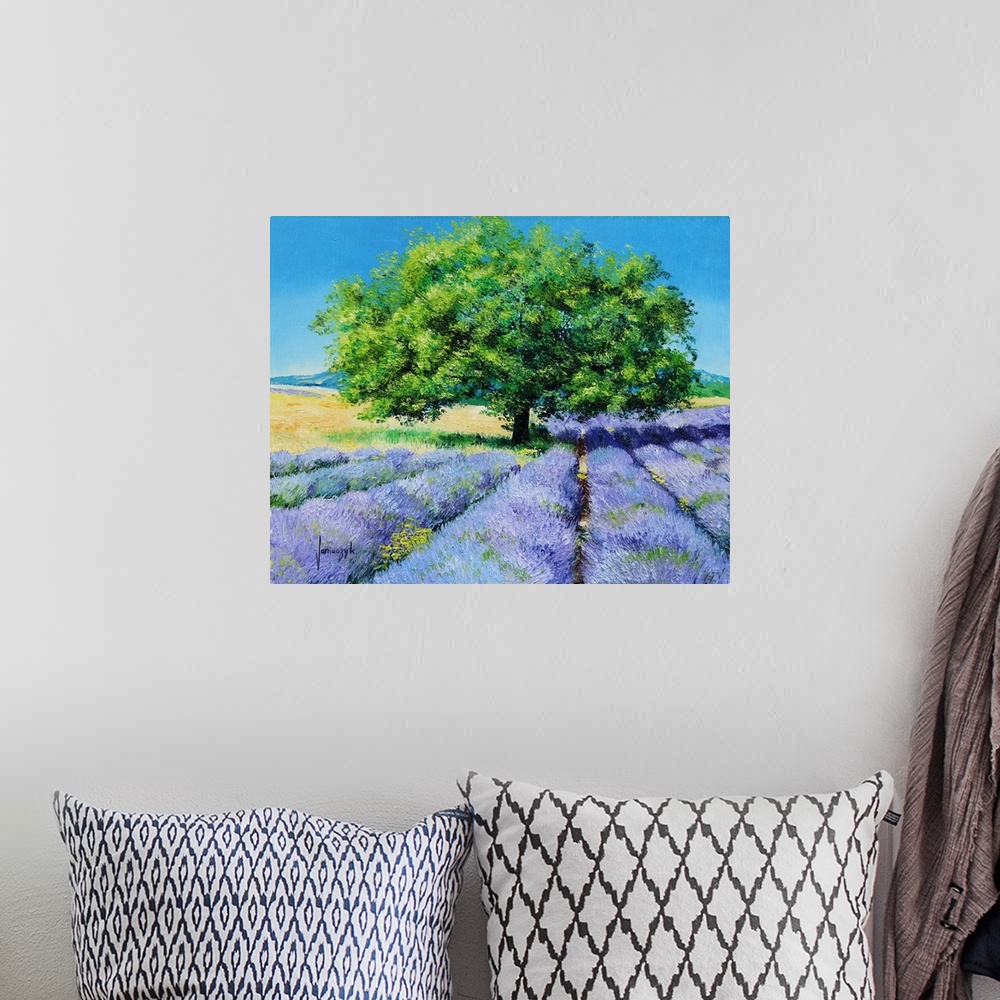 A bohemian room featuring Contemporary painting of a rural field of lavender crops.