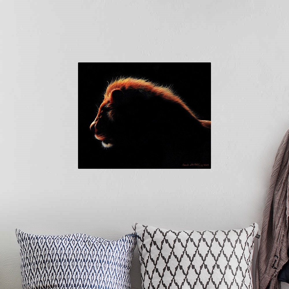 A bohemian room featuring African Lion at twilight painted in oil paints on canvas.