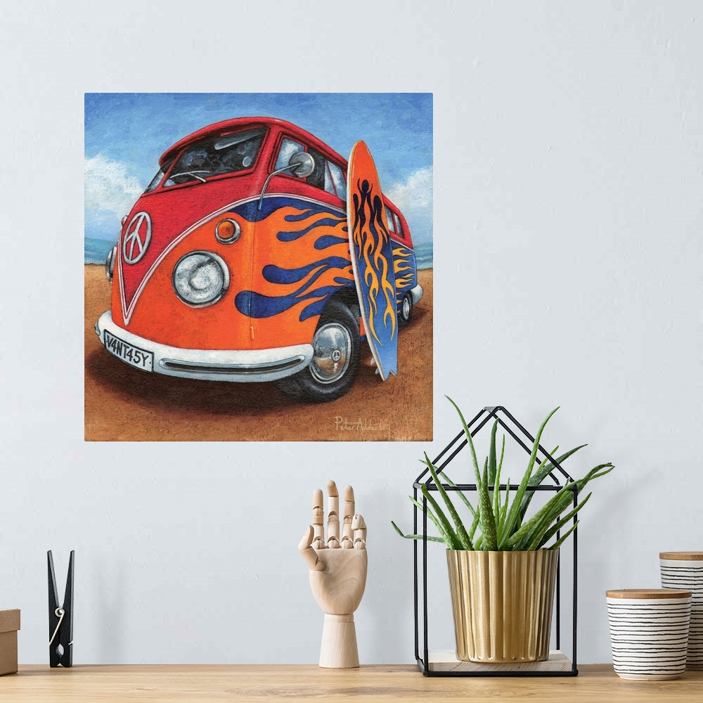 A bohemian room featuring Contemporary painting of a retro VW bus with bright red flames painted on the side, with a surfbo...