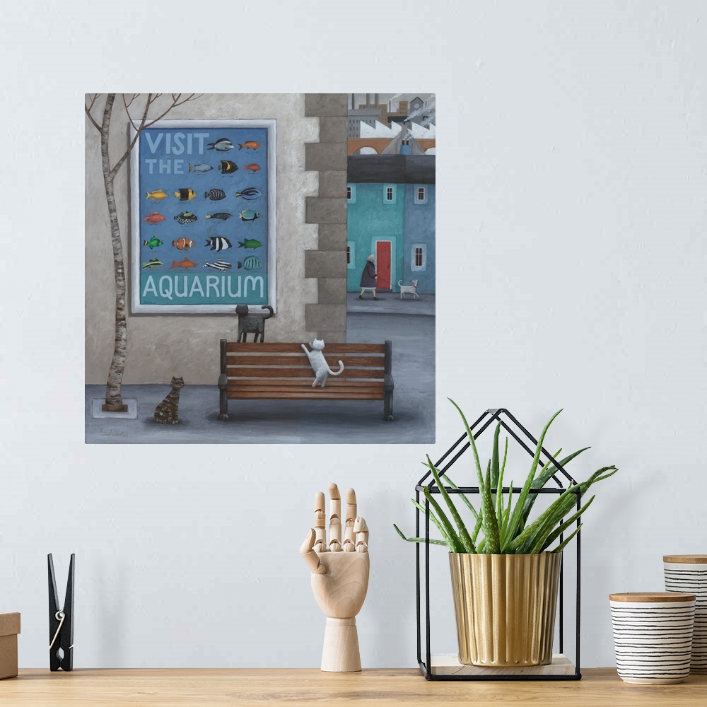 A bohemian room featuring Contemporary painting of a cats on a city sidewalk looking at an aquarium advertisement with imag...