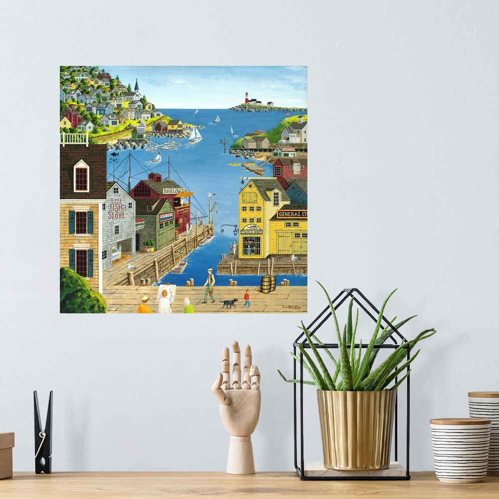 A bohemian room featuring Americana scene of an oceanside town with stores and houses on the edge of the harbor.