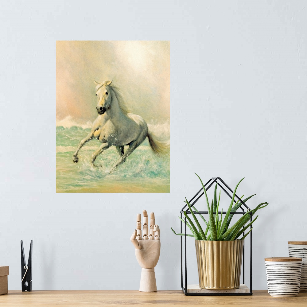 A bohemian room featuring A vertical painting created with soft brush strokes of a horse running through ocean waves.