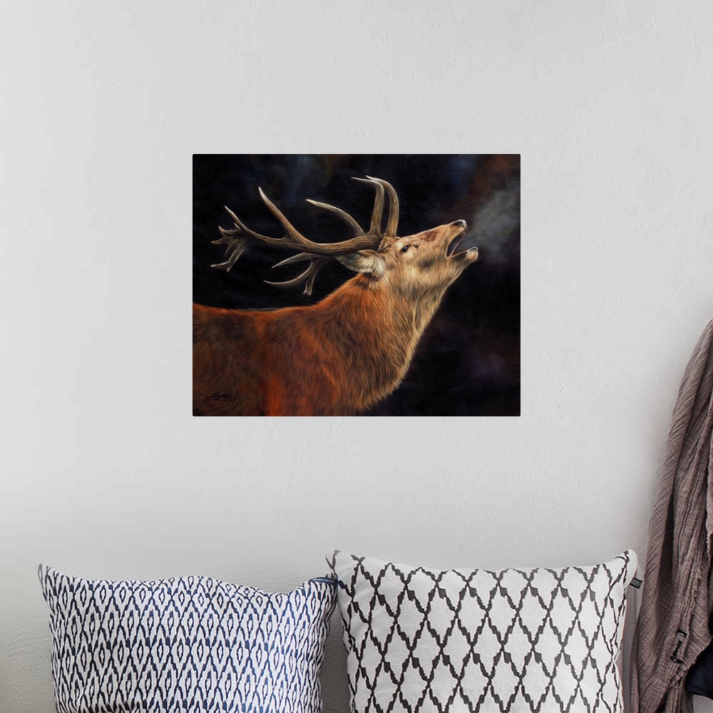 A bohemian room featuring Contemporary painting of male deer bellowing into the cold air.