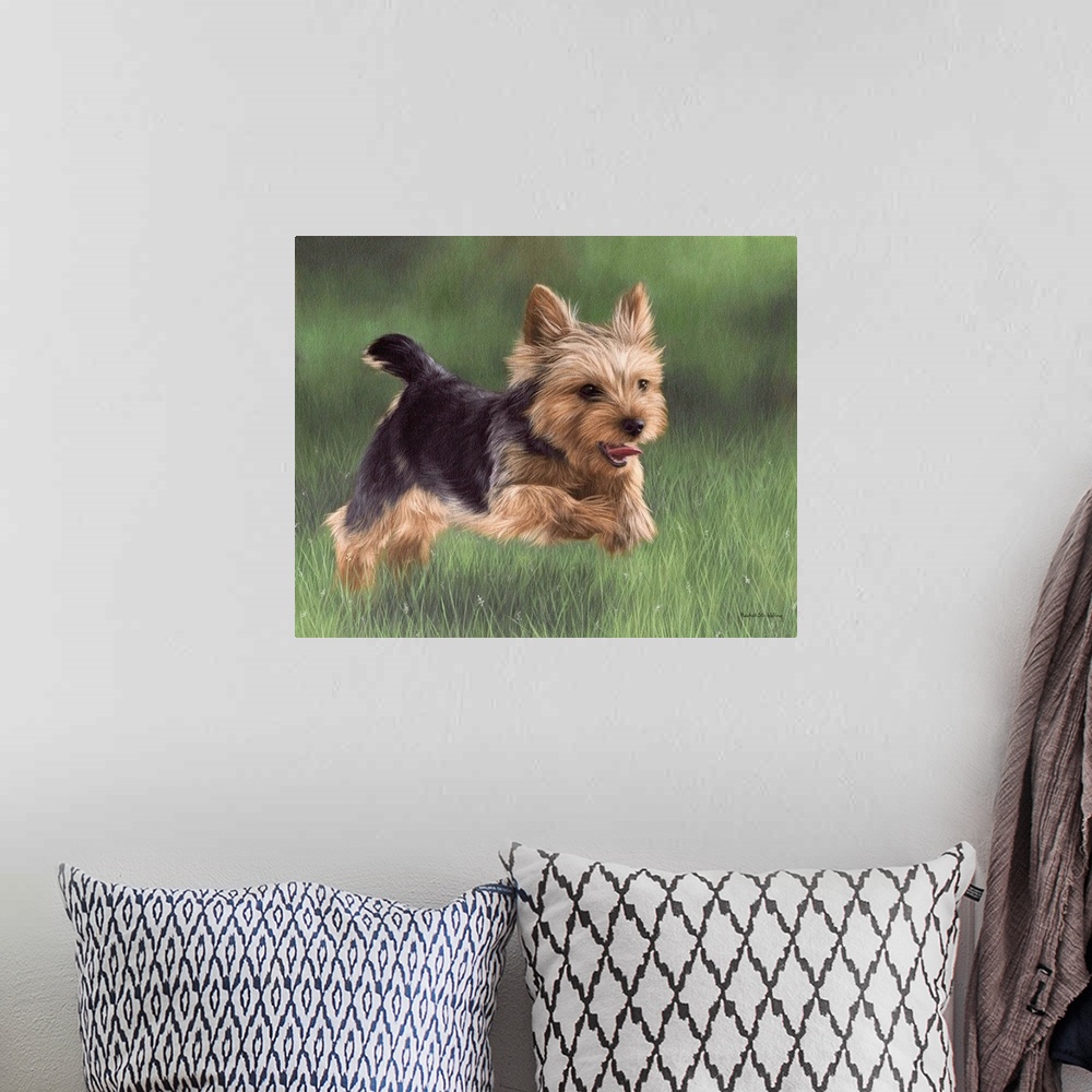 A bohemian room featuring Contemporary artwork of a Yorkshire Terrier running through grass.