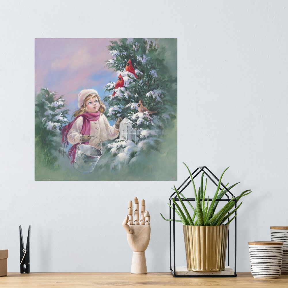 A bohemian room featuring Whimsical painting of a little girl gazing a cardinals in a tree in winter.
