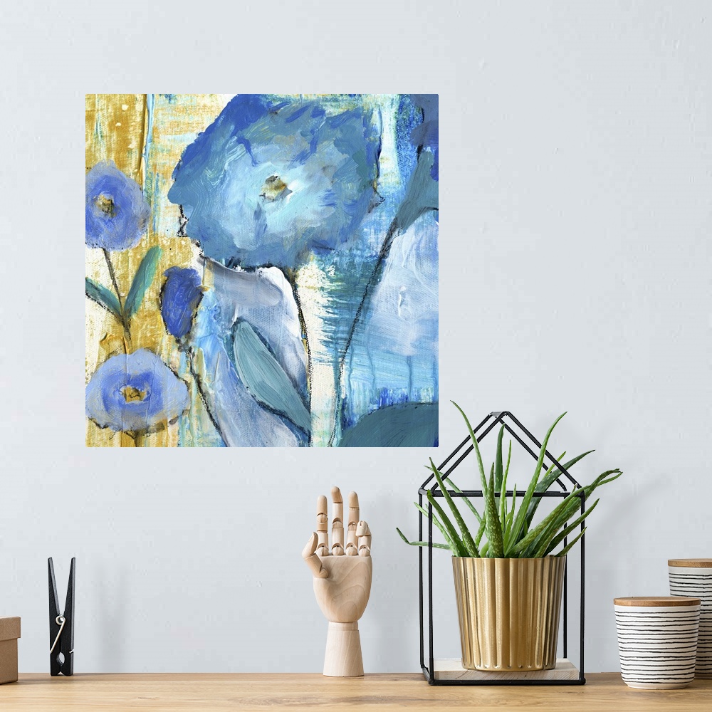 A bohemian room featuring Contemporary vibrant colorful painting using green and blue tones with flowers and abstract eleme...