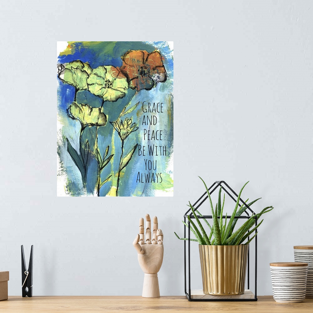 A bohemian room featuring Contemporary painting using bright colors and floral elements.